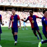Selebrasi Raphinha usai mencetak gol ke gawang Celta Vigo