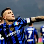 Lautaro Martinez selebrasi usai mencetak gol ke gawang Bayern Munich pada menit ke-37