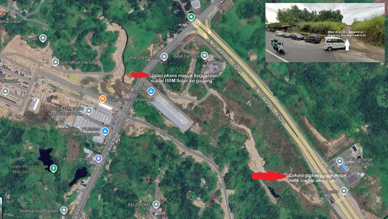 Petunjuk jalan akses masuk di ring road manado Google Maps ke gudang solar ilegal milik Cale